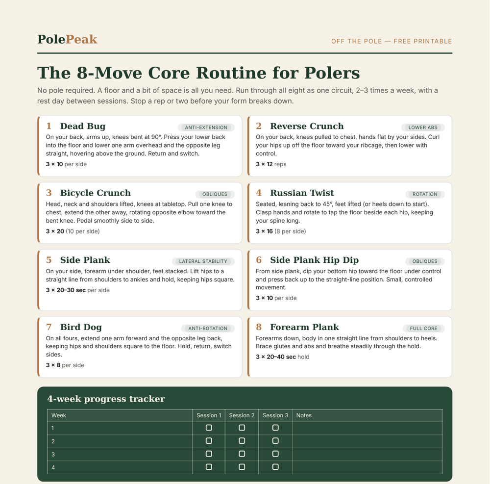 Preview of the printable 8-Move Core Routine PDF for pole dancers